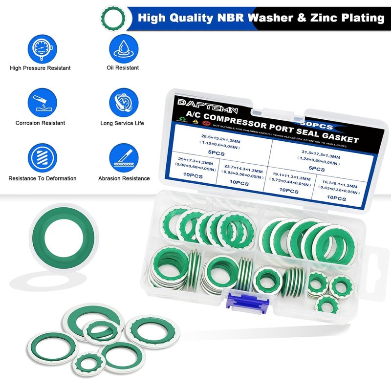 Daptemn 50PCS A/C Compressor Bonded Seal Washers Assortment Kit, 6 Sizes Air Conditioning Compressor Port Gasket Repairs Universal Automotive Self-Centered Washers (ID: 8mm-17.5mm) (Green) - Image 4